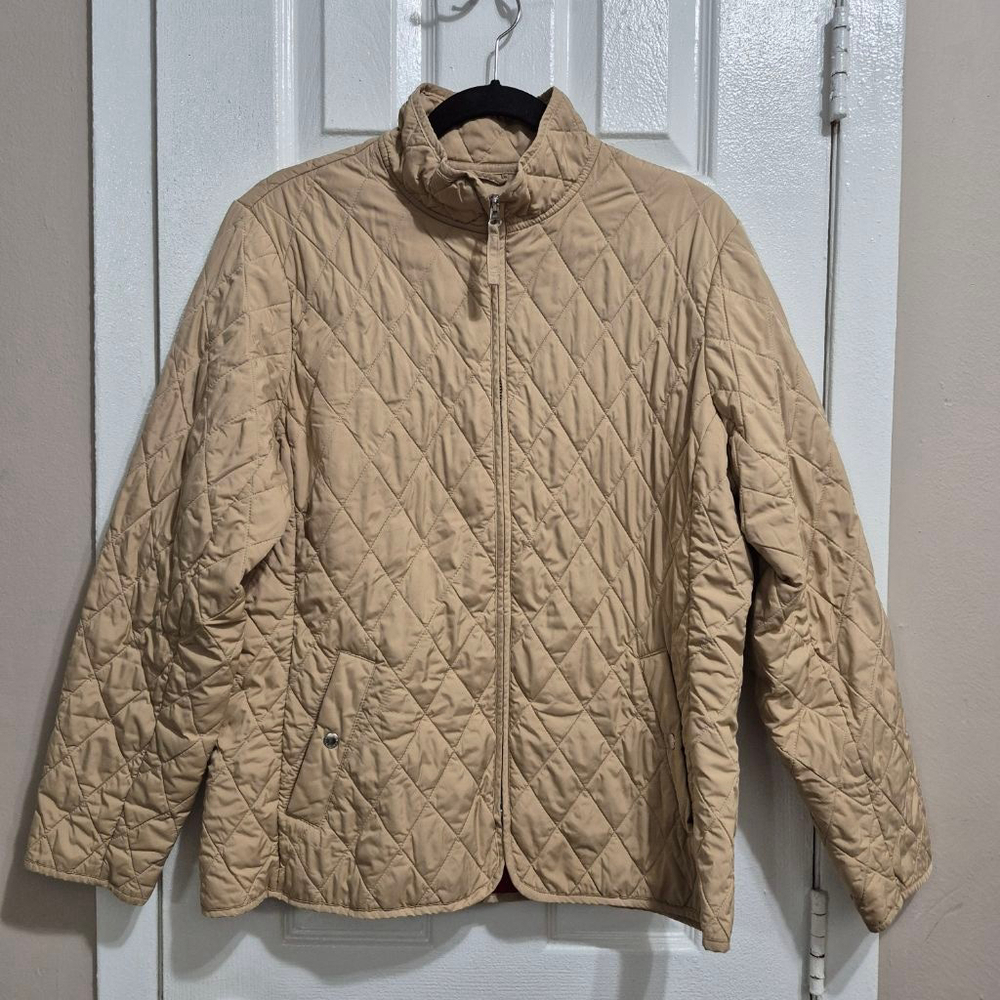 Women's Lands' End Quilted Jacket Petite Lg Beige with Red Lining